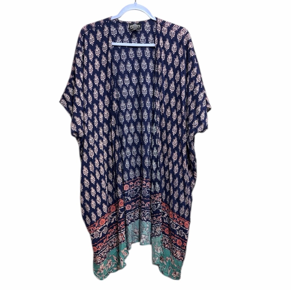Angie Boho Kimono Navy Floral Print Lightweight Open Front L